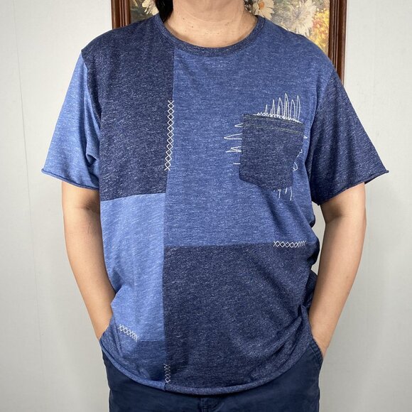 American Rag Tops - American Rag Shortsleeve Shirt Top Men's XL Blue Patchwork Casual